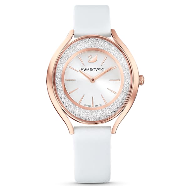 Crystalline Aura 腕表, 真皮錶帶, 白色, 玫瑰金色潤飾 - Swarovski, 5519453