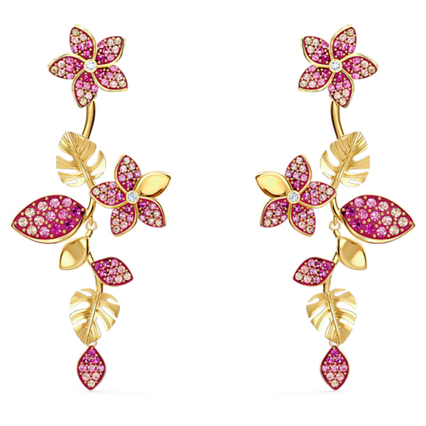 Tropical Flower Pierced Earrings, Pink, Gold-tone plated - Swarovski, 5520648