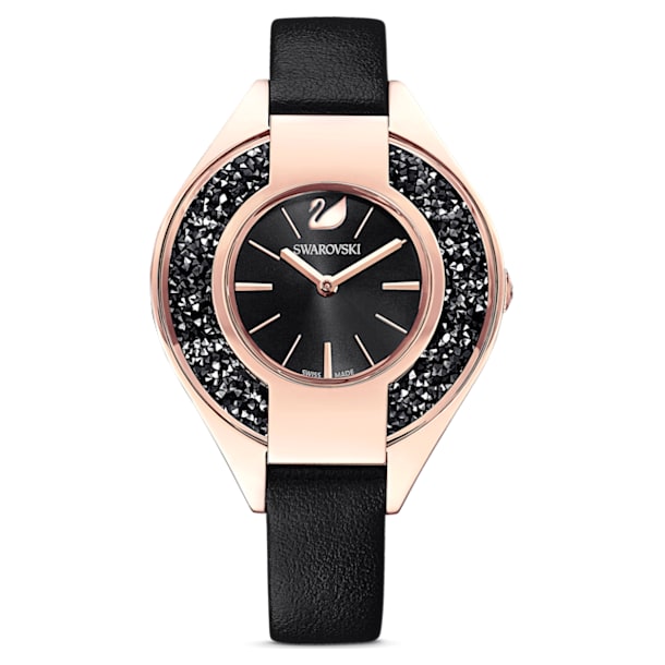 Reloj Crystalline Sporty, Correa de piel, Negro, Acabado tono oro rosa - Swarovski, 5547632