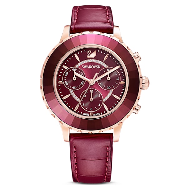 Octea Lux Chrono watch, Leather strap, Red, Rose-gold tone PVD - Swarovski, 5547642