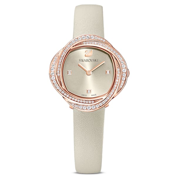 Crystal Flower watch, Leather strap, Gray, Rose -gold tone PVD - Swarovski, 5552424