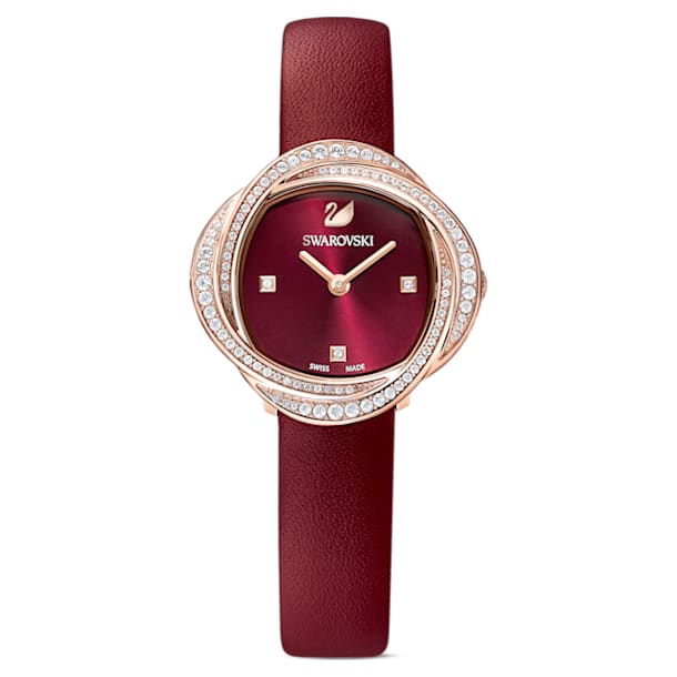 Crystal Flower 腕表, 真皮表带, 紅色, 玫瑰金色调润饰 - Swarovski, 5552780