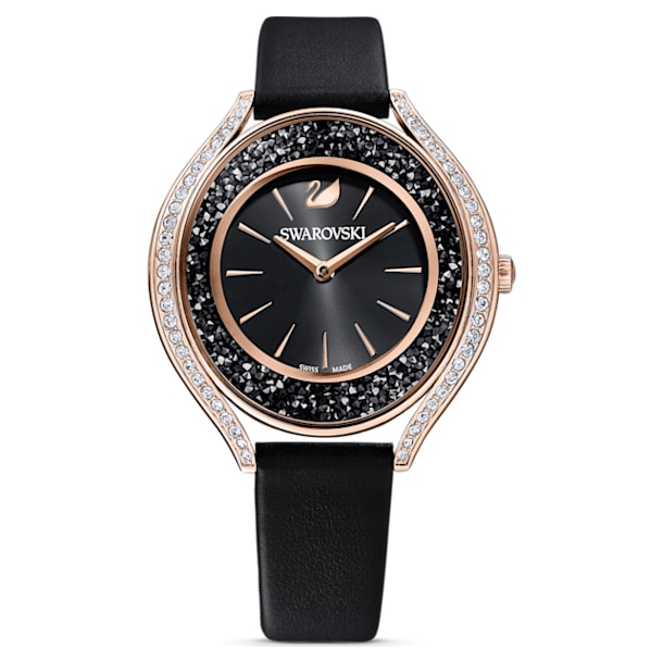 Crystalline Aura Часы, Кожаный ремешок, Черный кристалл, PVD-покрытие оттенка розового золота - Swarovski, 5558634