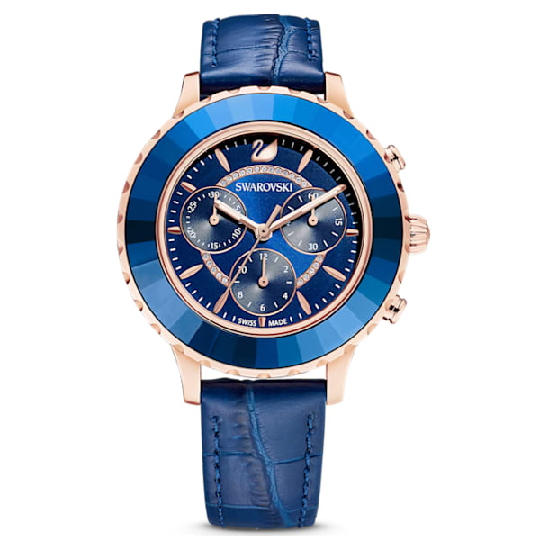 Reloj Octea Lux Chrono, Correa de piel, Azul, Acabado tono oro rosa - Swarovski, 5563480