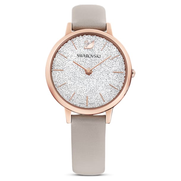 Crystalline Joy 腕表, 真皮錶帶, 灰色, 玫瑰金色潤飾 - Swarovski, 5563702