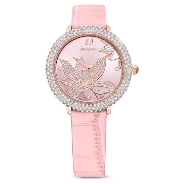 Crystal Frost 手錶, 花朵, 真皮錶帶, 粉紅色, 玫瑰金色調PVD - Swarovski, 5575217