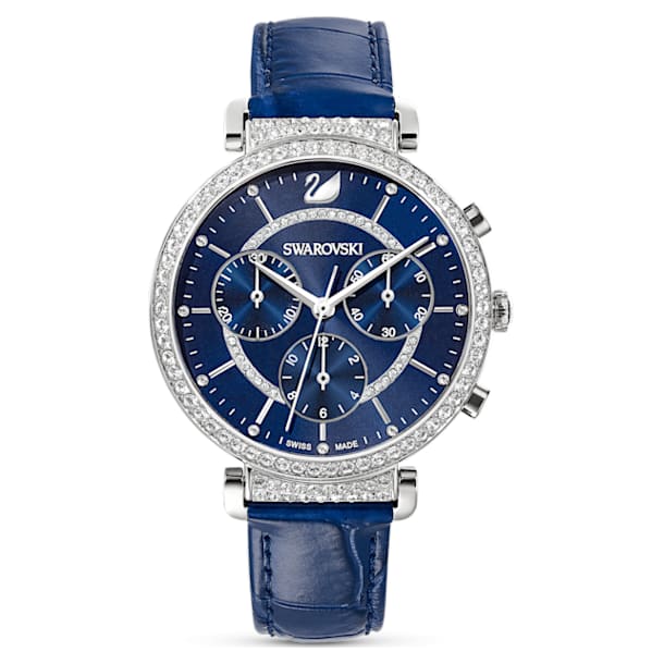 Passage Chrono watch, Leather strap, Blue, Stainless steel - Swarovski, 5580342