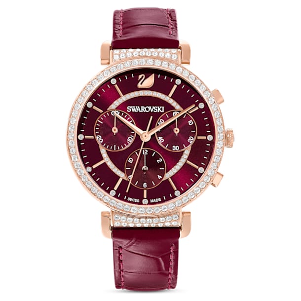 Passage Chrono watch, Leather strap, Red, Rose gold-tone finish - Swarovski, 5580345