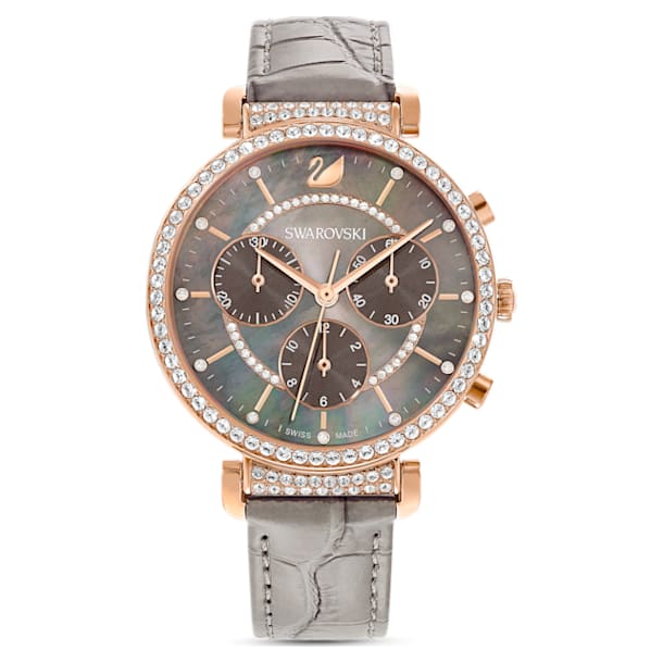 Passage Chrono watch, Leather strap, Gray, Rose-gold tone PVD - Swarovski, 5580348