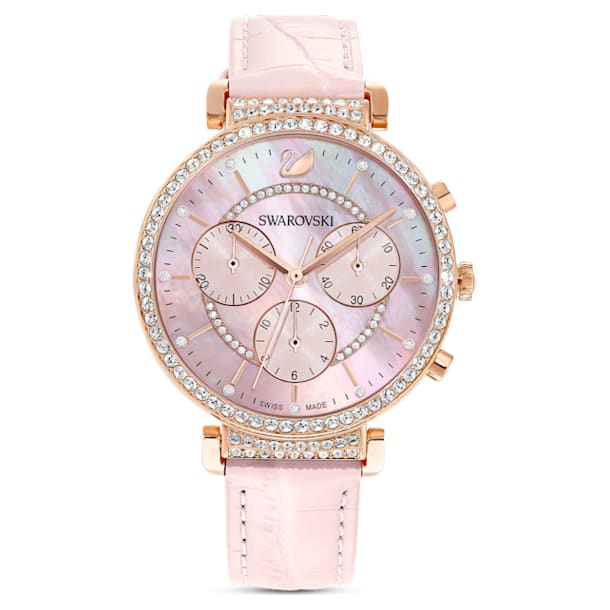 Passage Chrono watch, Leather strap, Pink, Rose gold-tone finish - Swarovski, 5580352