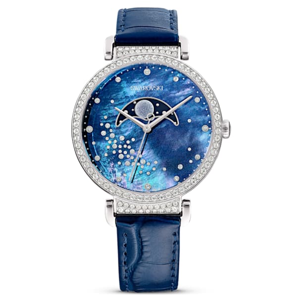 Relógio Passage Moon Phase, Pulseira de couro, Azul, Aço inoxidável - Swarovski, 5613320