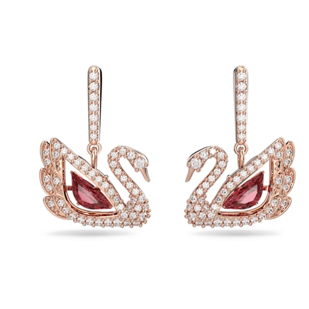 Dancing Swan earrings, Swan, Red, Rose-gold tone plated - Swarovski, 5614124
