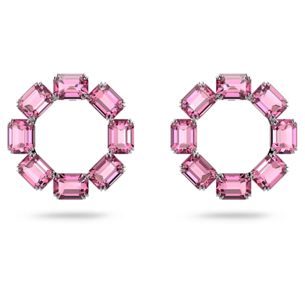 Millenia hoop earrings, Octagon cut crystals, Pink, Rhodium plated - Swarovski, 5614296