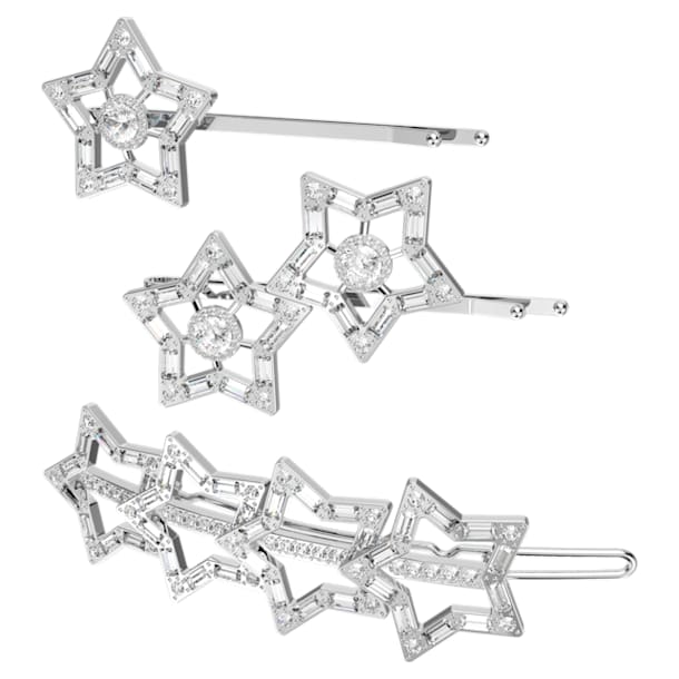 Hair clip, Set (3), Star, White, Rhodium plated - Swarovski, 5617759