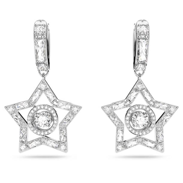 Stella hoop earrings, Star, White, Rhodium plated - Swarovski, 5617767