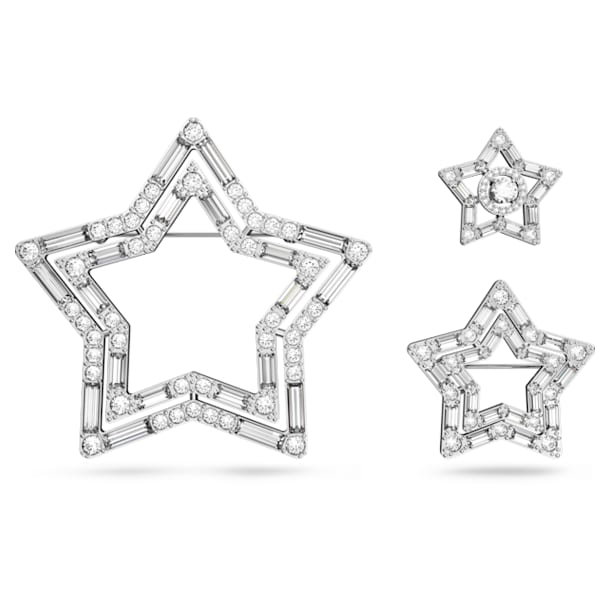 Stella brooch, Set (3), Star, White, Rhodium plated - Swarovski, 5618048