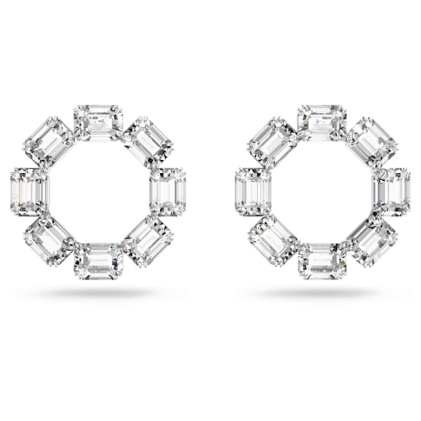 Millenia hoop earrings, Octagon cut crystals, White, Rhodium plated - Swarovski, 5618629