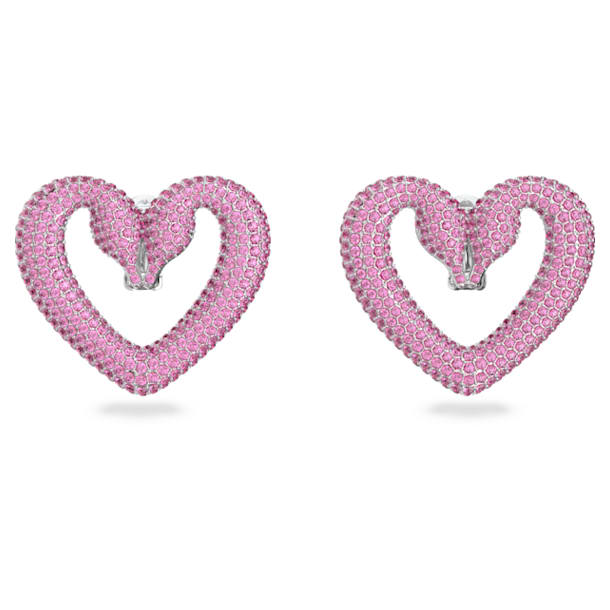 Una clip earrings, Heart, Medium, Pink, Rhodium plated - Swarovski, 5631171