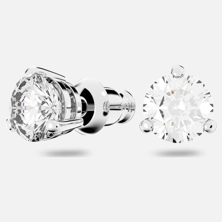 Solitaire Pierced Earrings, White, Rhodium plated