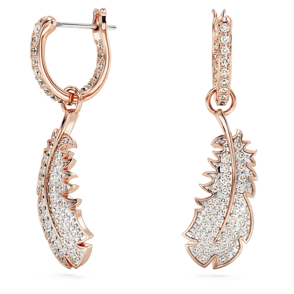 Nice drop earrings, Feather, White, Rose gold-tone plated | Swarovski