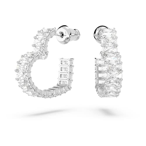 Matrix hoop earrings — Baguette cut, Heart, Small, White, Rhodium plated