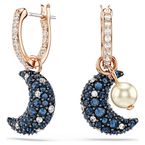 Sublima drop earrings — Crystal pearl, Asymmetrical design, Moon, Multicoloured, 18K rose gold finish