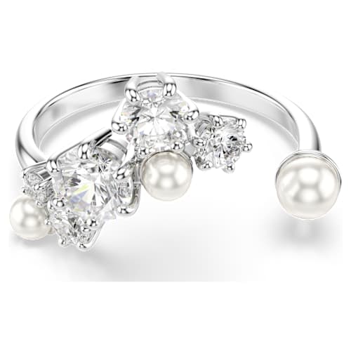 Constella open ring — Crystal pearl, Round cuts, White, Rhodium plated