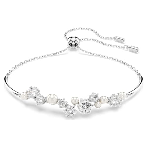 Constella bangle — Crystal pearl, Round cuts, White, Rhodium plated