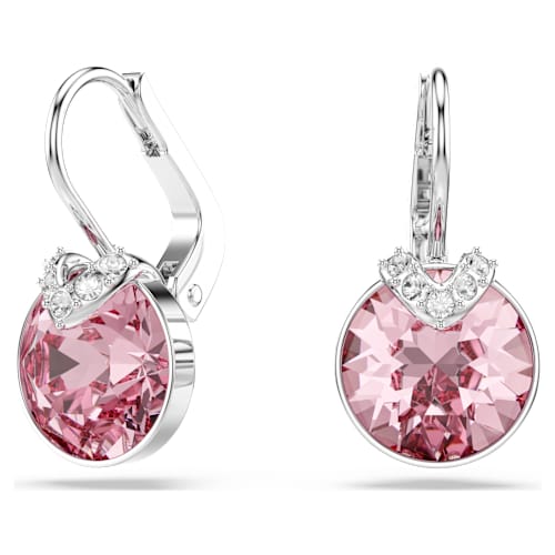 Bella V drop earrings — Round cut, Pink, Rhodium plated