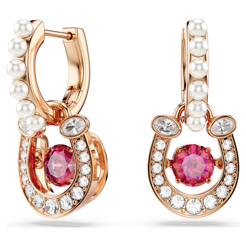 Symbolica drop earrings — Crystal pearl, Round cut, Pavé, Horseshoe, Red, 18K rose gold finish