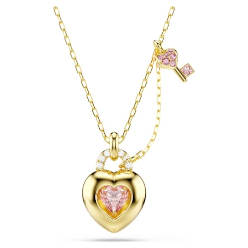 Idyllia pendant — Mixed cuts, Heart, key, Pink, 18K gold finish