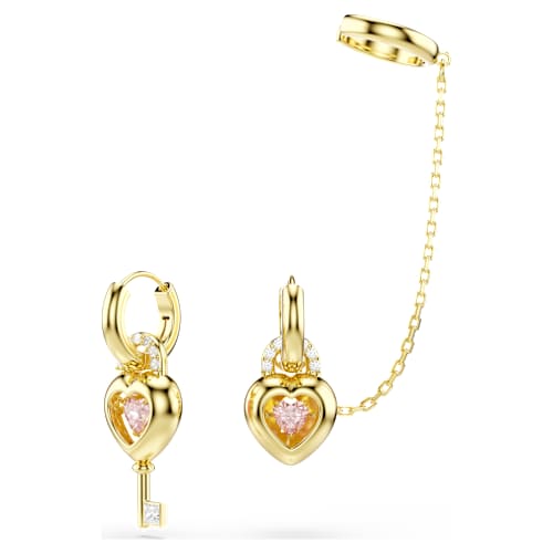 Idyllia drop earrings with ear cuff — Mixed cuts, Heart with key, Pink, 18K gold finish