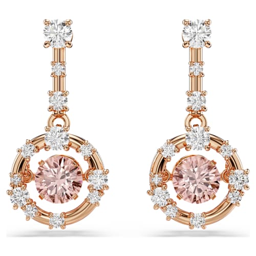 Constella drop earrings — Round cut, Dancing stone, Pink, 18K rose gold finish
