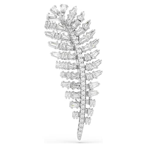 Vienna brooch — Mixed cuts, Feather, White, Rhodium plated