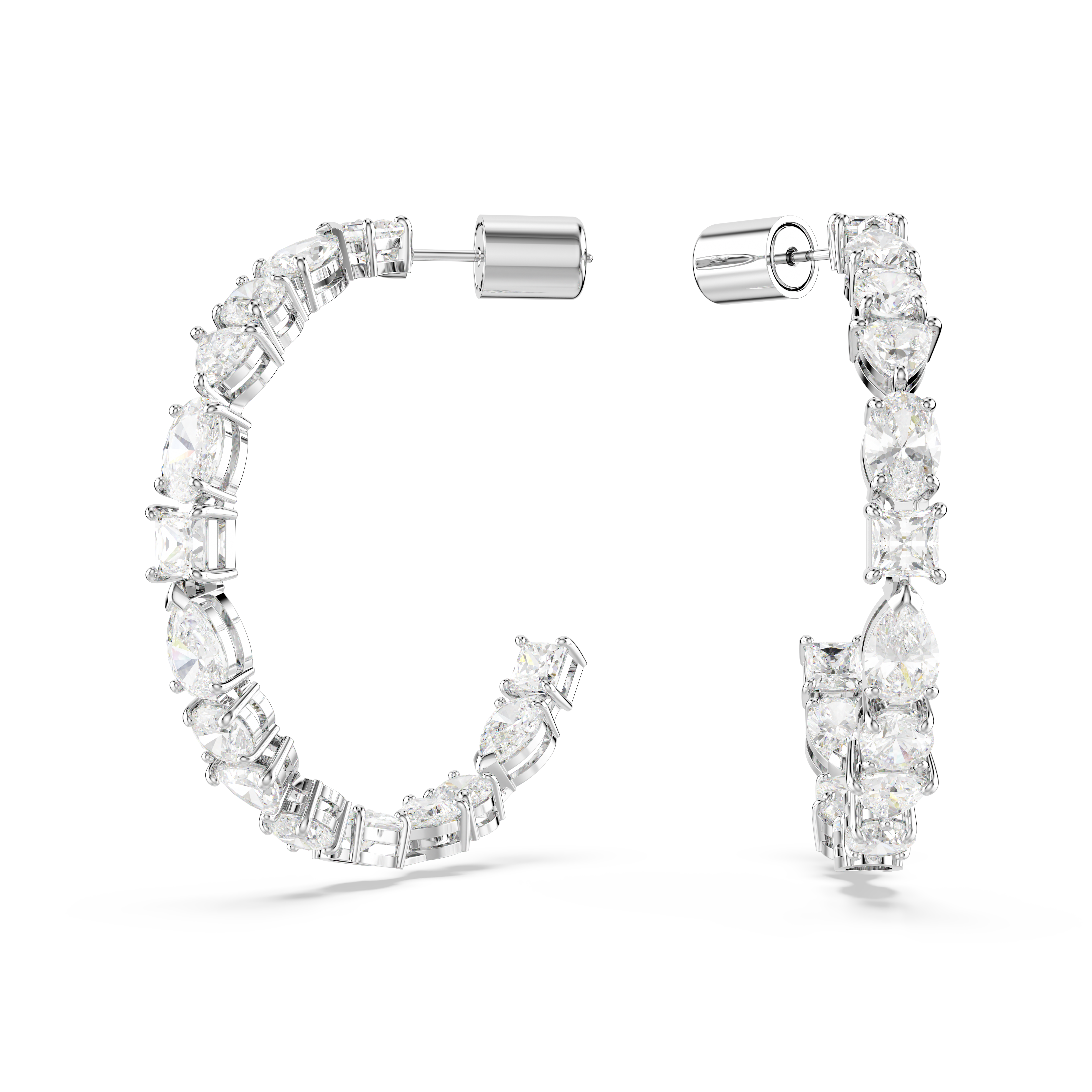 Mesmera hoop earrings, Mixed cuts, White, Rhodium plated by SWAROVSKI