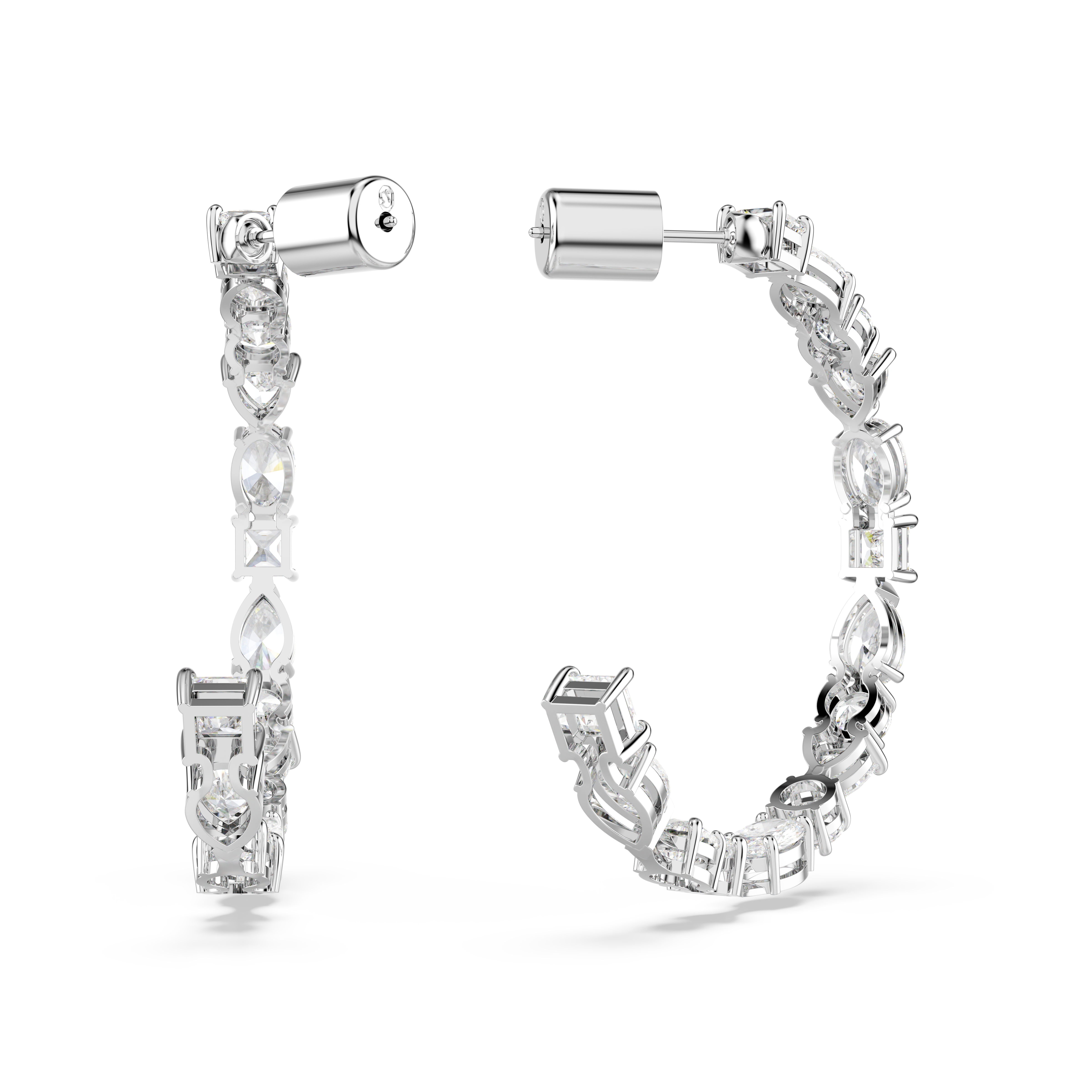 Mesmera hoop earrings, Mixed cuts, White, Rhodium plated by SWAROVSKI