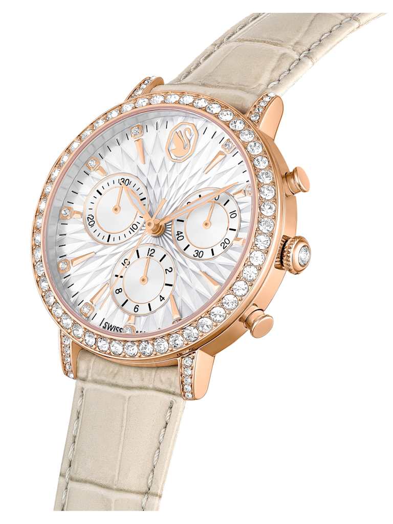 Profil latéral d’une montre en cuir avec cadran en or rose