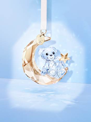 Blue Swarovski crystal bear on a gold moon ornament