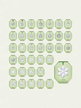 Grid of Swarovski Annual Edition crystal snowflake ornaments displayed by year, 1996 to 2026.