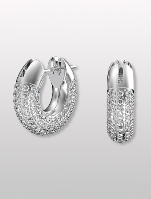 Dextera hoop earrings, Pavé, White, Rhodium plated