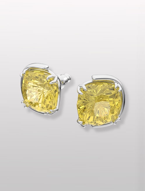 Harmonia stud earrings, Cushion cut crystals, Yellow, Rhodium plated