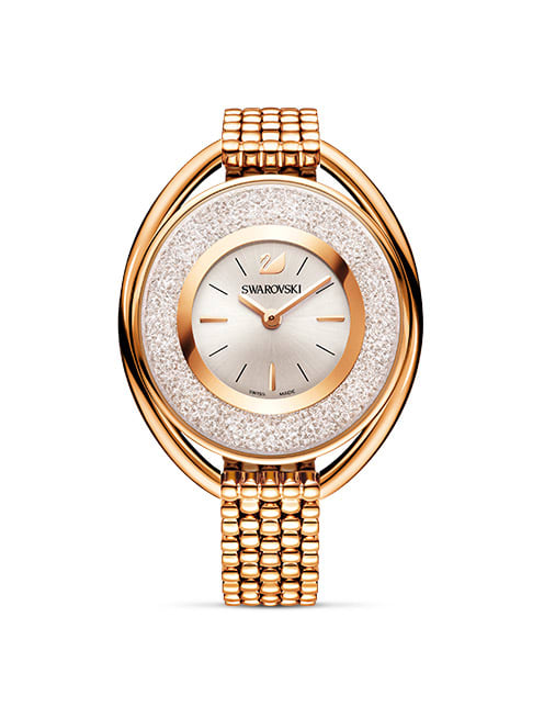 Crystalline Oval Watch, Metal bracelet, White, Rose-gold tone PVD