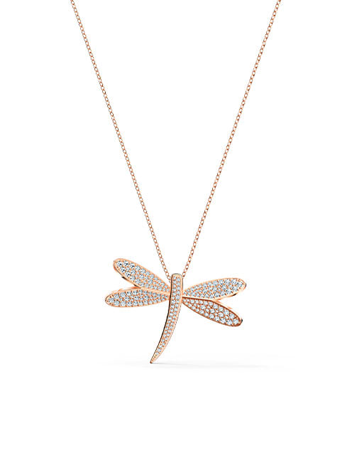 Eternal Flower necklace, Dragonfly, White, Rose gold-tone plated
