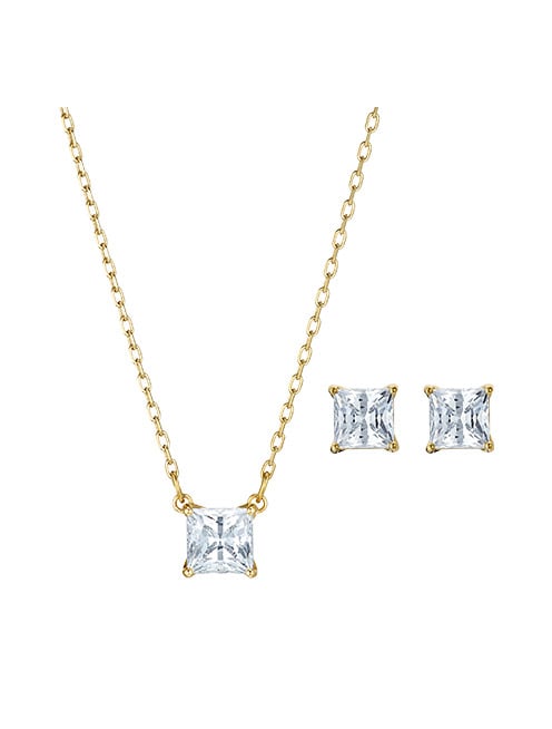 Attract set, Square cut crystal, White, Gold-tone plated