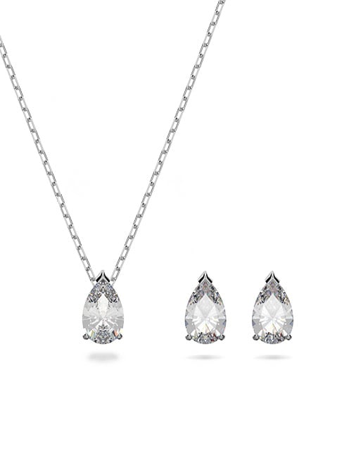 Attract set, Pear cut crystal, White, Rhodium plated