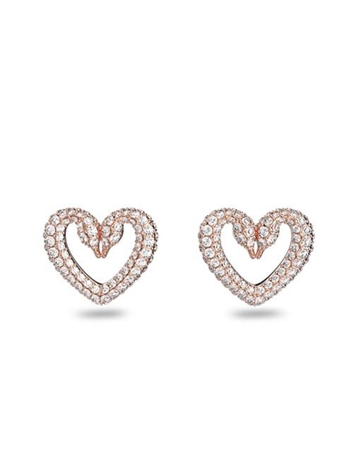 Una stud earrings, Heart, Small, White, Rose-gold tone plated