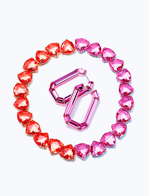 Millenia necklace, Triangle, Multicolored, Gold-tone plated and Lucent hoop earrings, Pink