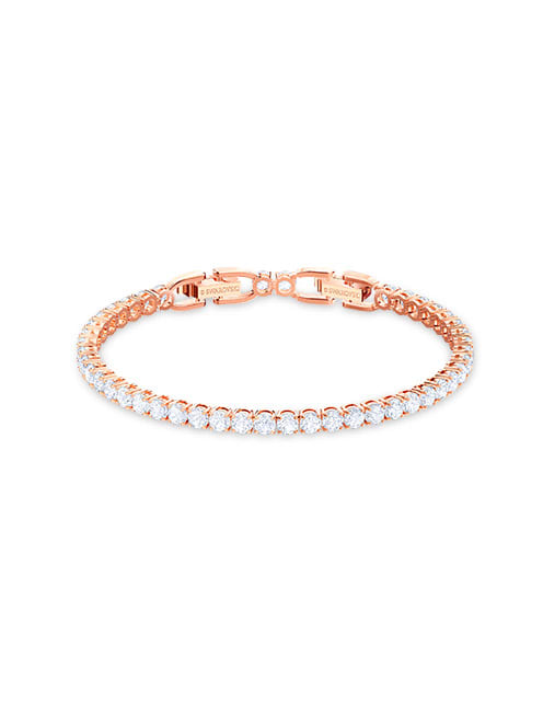 Tennis Deluxe bracelet, Round cut crystals, White, Rose-gold tone plated