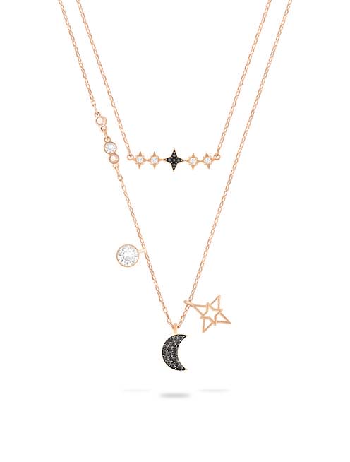 Swarovski Symbolic necklace, Set (2), Moon and star, Black, Rose gold-tone plated