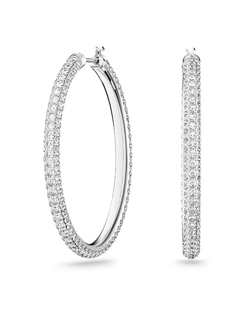Stone hoop earrings, White, Rhodium plated